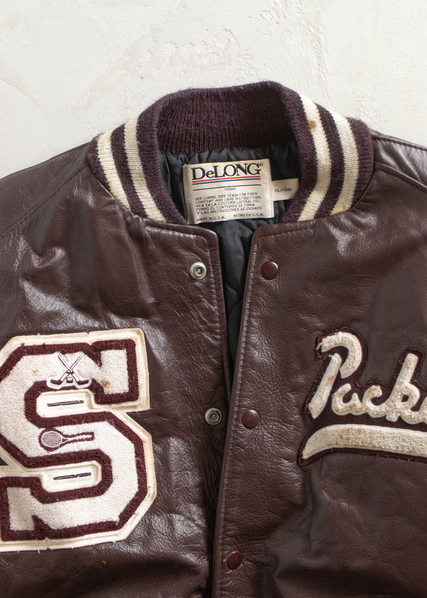 Vintage 1980s Delong Packers Varsity Letterman Leather Jacket Size L/XL