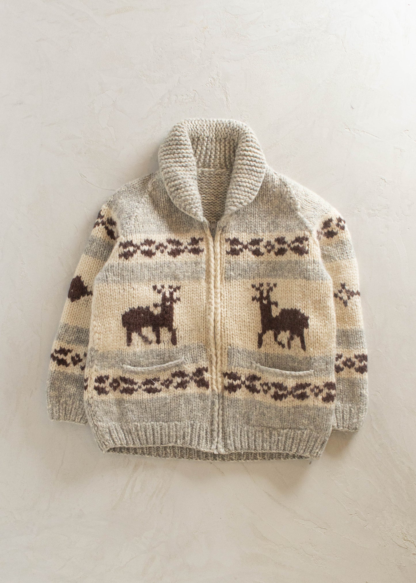 1980s Deer Pattern Cowichan Style Wool Cardigan Size L/XL