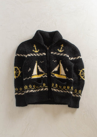 1980s Sail Boat Pattern Cowichan Style Wool Cardigan Size S/M