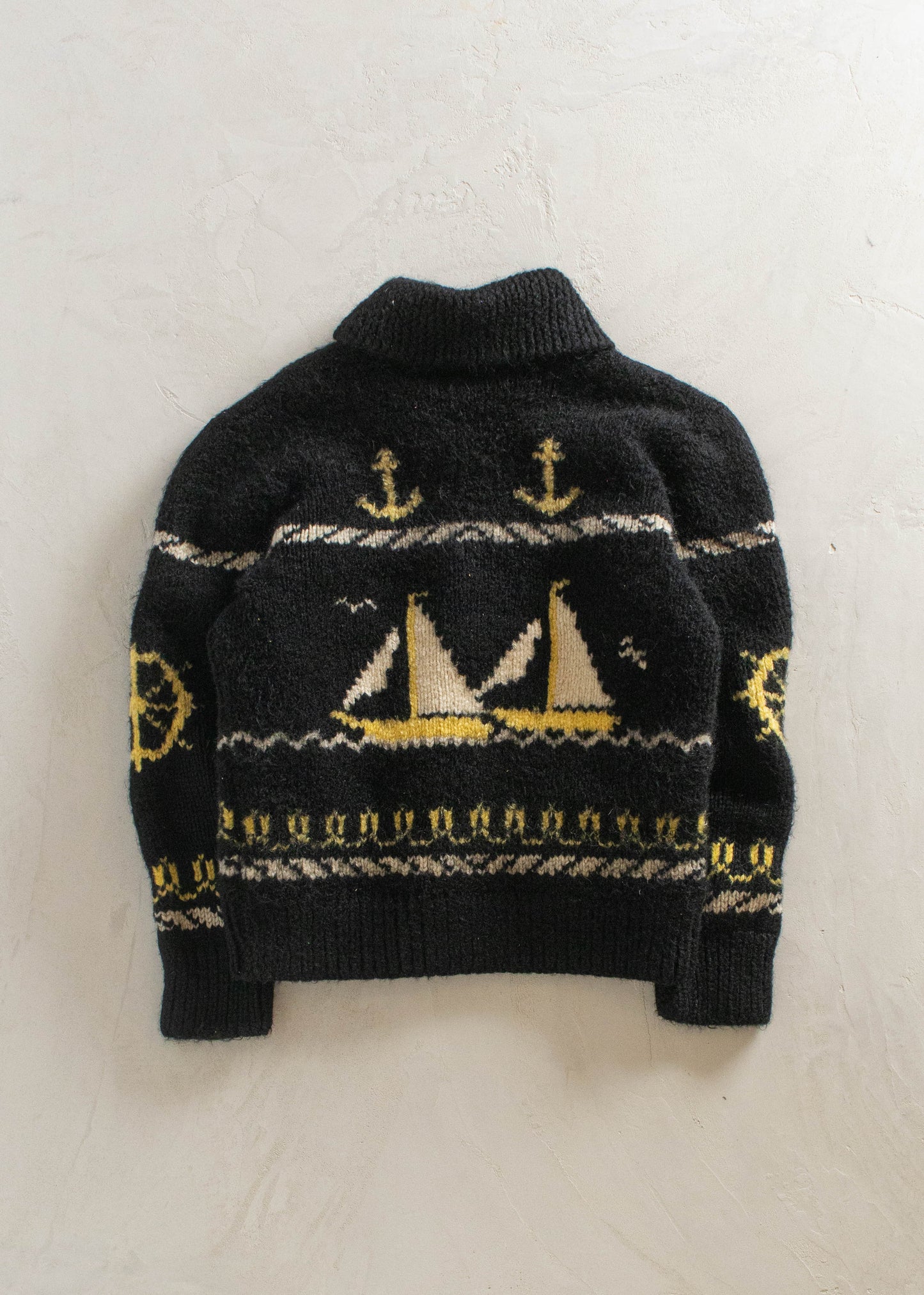 1980s Sail Boat Pattern Cowichan Style Wool Cardigan Size S/M