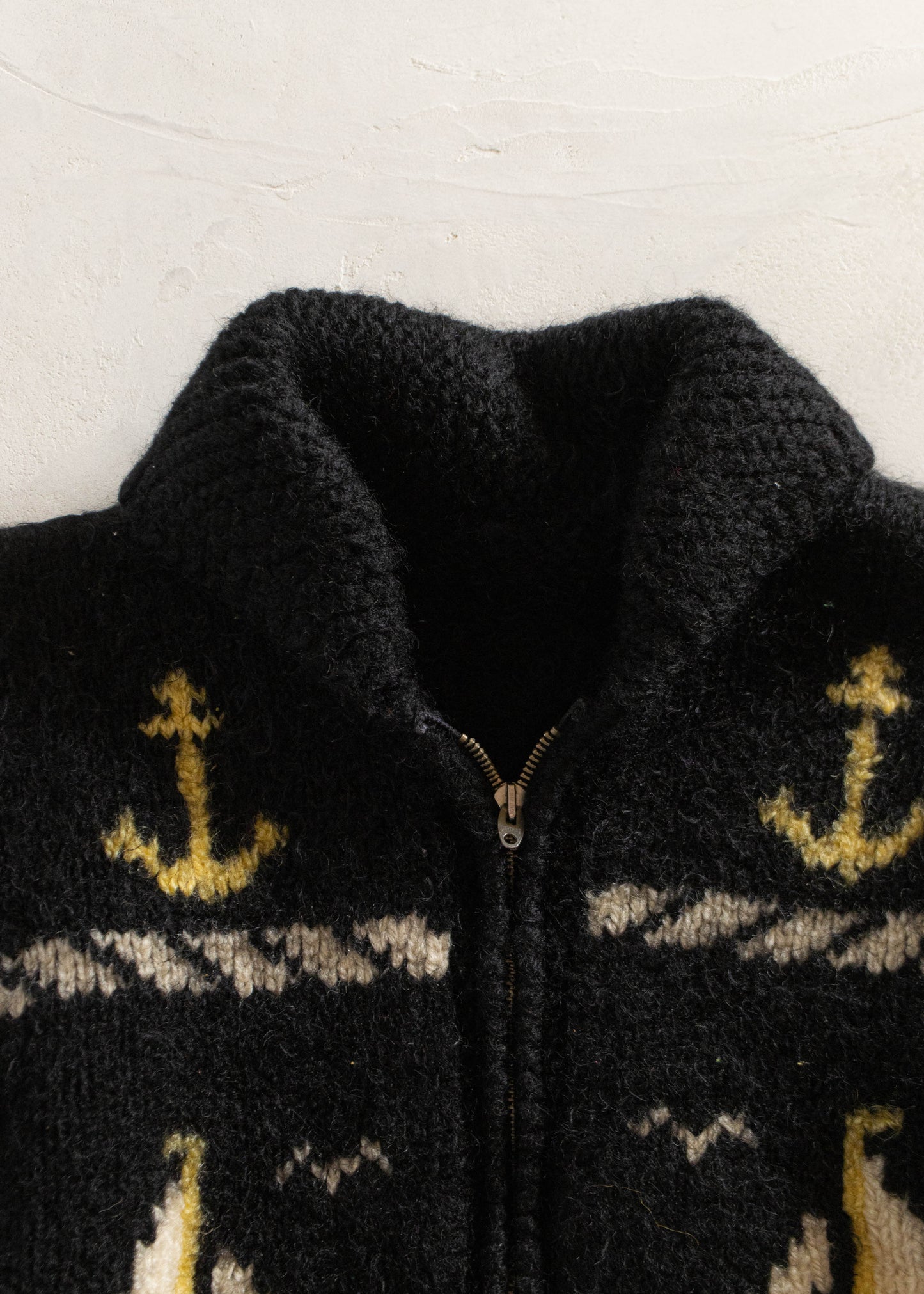 1980s Sail Boat Pattern Cowichan Style Wool Cardigan Size S/M