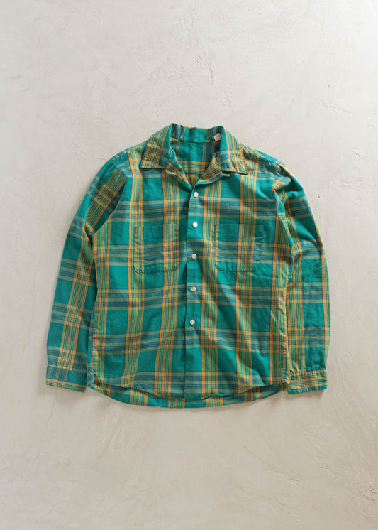 1970s Plaid Pattern Loop Collar Button Up Shirt Size S/M