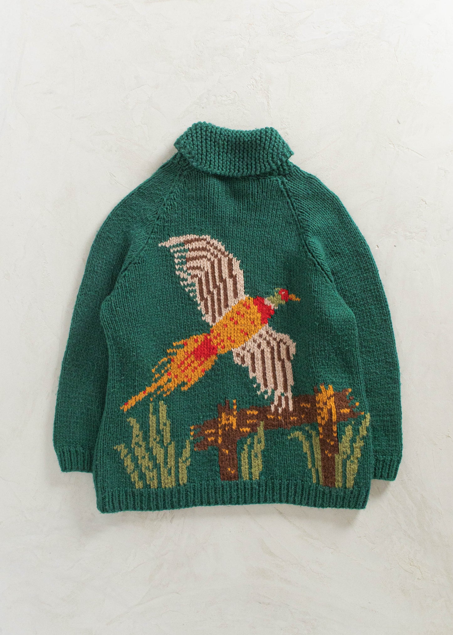 Vintage Pheasant Pattern Cowichan Style Wool Cardigan Size 2XL/3XL