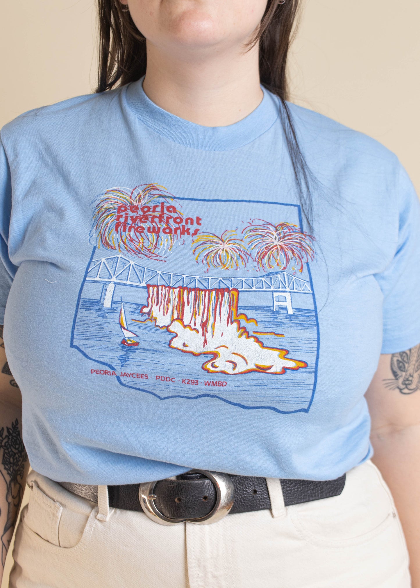 1980s Super Screen Stars Peoria Riverfront Firework Souvenir T-Shirt Size M/L