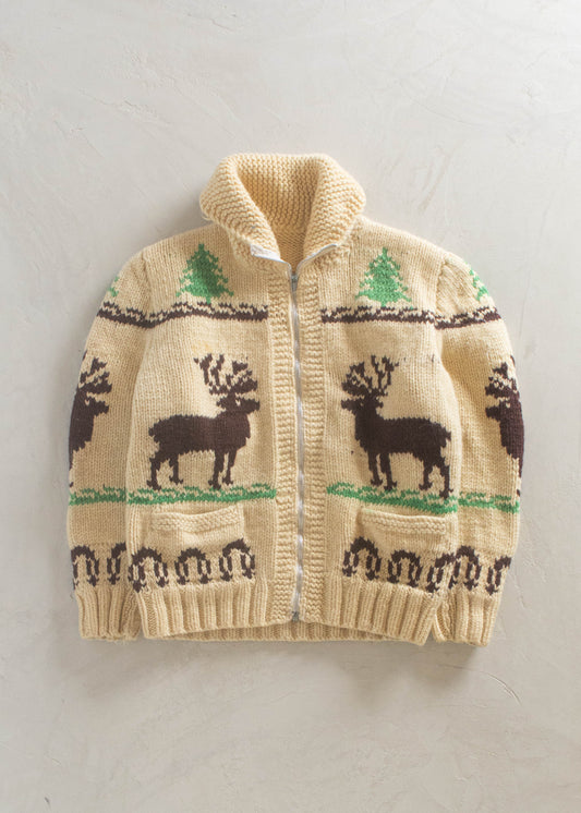 1980s Deer Pattern Cowichan Style Wool Cardigan Size XS/S