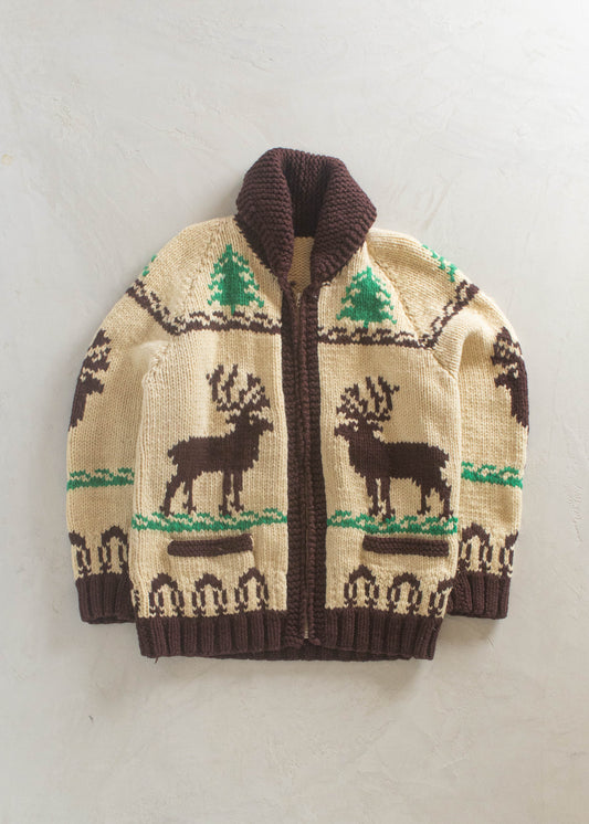 1980s Deer Pattern Cowichan Style Wool Cardigan Size L/XL