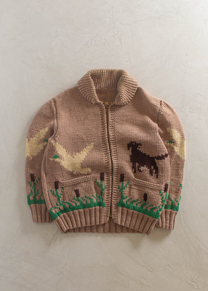 1980s Duck Pattern Cowichan Style Wool Cardigan Size M/L